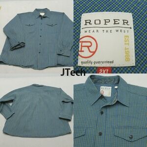 Roper Shirt‎ Mens XXL Blue Yellow Plaid Long Sleeve Button Up Paisley Flip Cuff